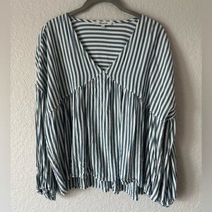 Madewell Blue White Striped Peasant Blouse L | V-Neck Boho Flowy Top
